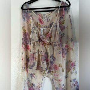Vintage Sara Spencer Cream and pink floral print 2 piece sheer lingerie set